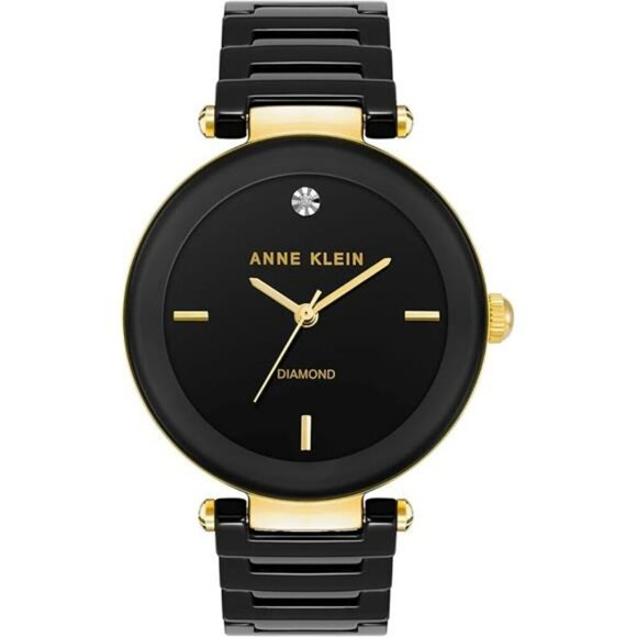 Anne Klein Black Ceramic Bracelet Watch Diamond Accent Gold Tone Womens - Picture 7 of 7